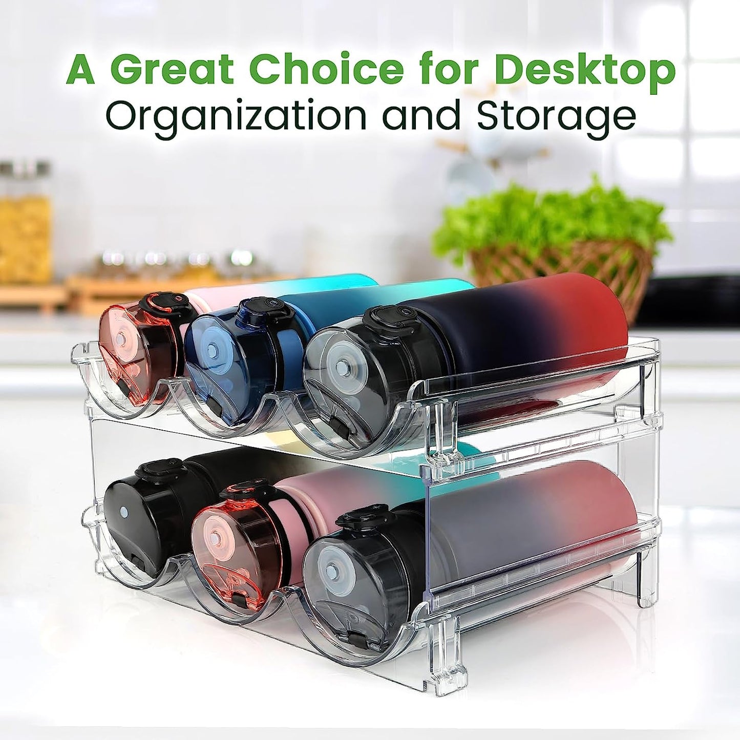 Water Bottle Storage Organizer - 2-Pack Stackable Rack for Cabinets, Fridge, Kitchen, and Pantry