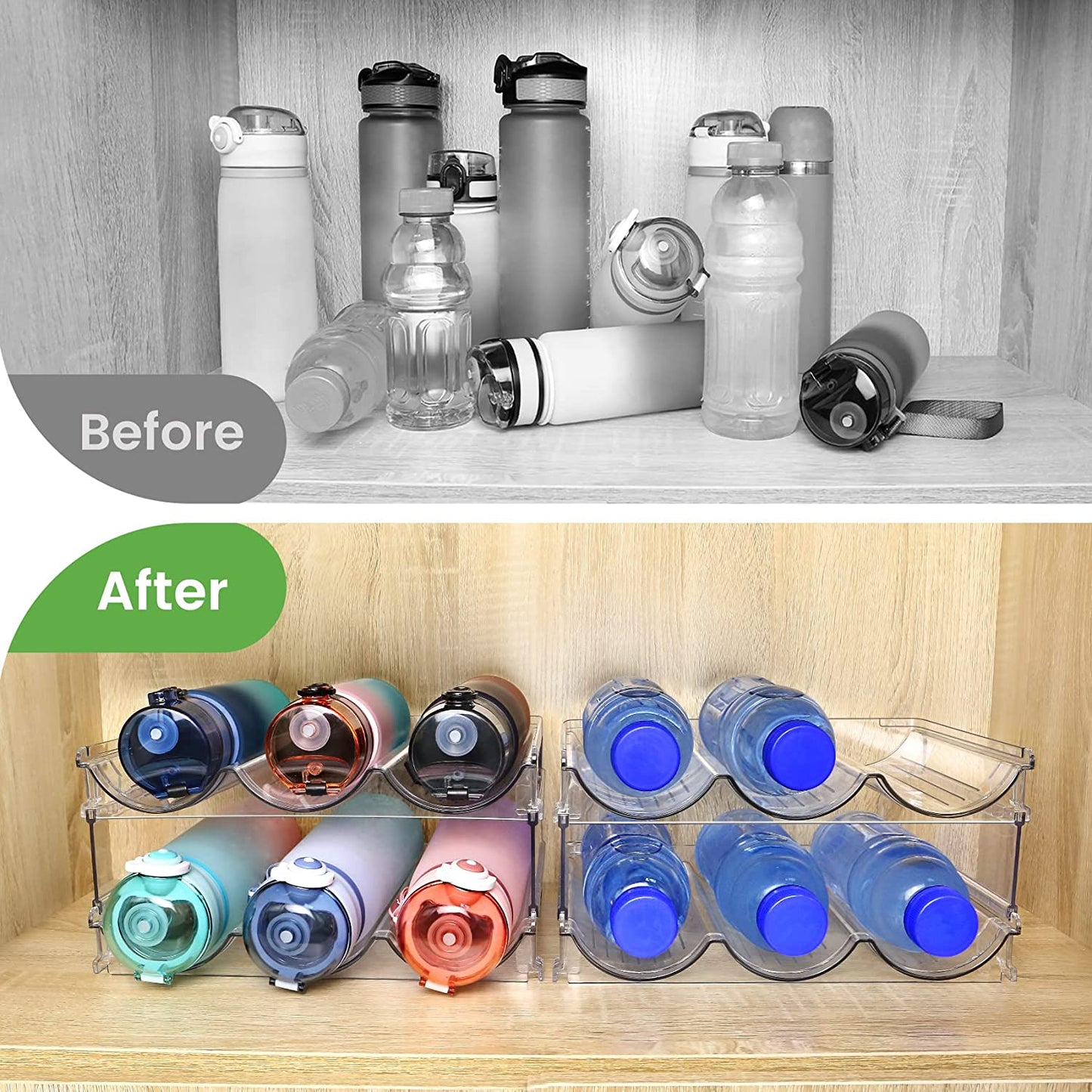 Water Bottle Storage Organizer - 2-Pack Stackable Rack for Cabinets, Fridge, Kitchen, and Pantry