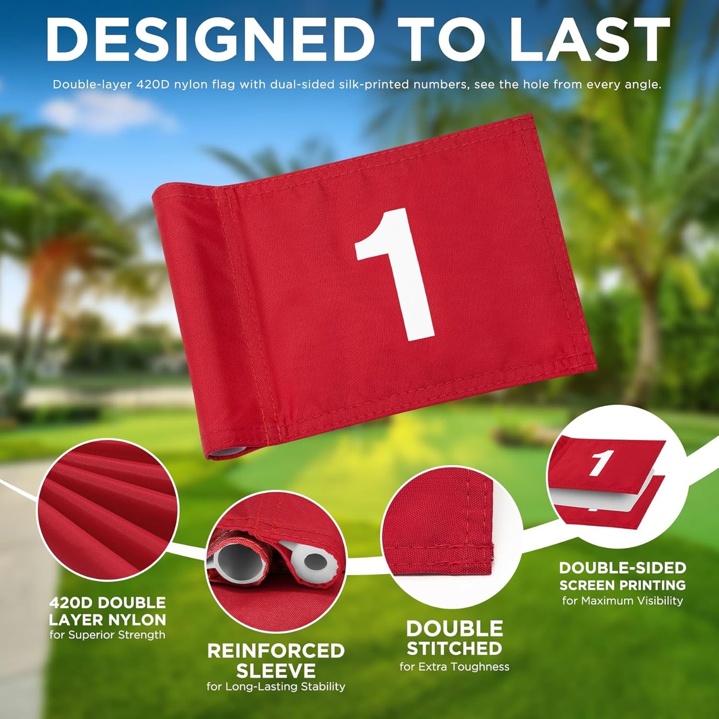 3 Ft Golf Flagstick and Hole Cup Sets with Mini Flags | Two-Section Fiberglass Poles, Ball Retrieval Bases, 4 in Hole Cups, 6 X 8 in Golf Flags, Backyard Practice Putting Green