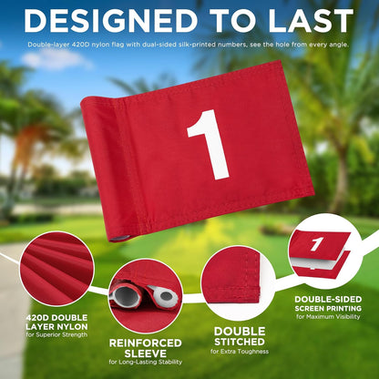 3 Ft Golf Flagstick and Hole Cup Sets with Mini Flags | Two-Section Fiberglass Poles, Ball Retrieval Bases, 4 in Hole Cups, 6 X 8 in Golf Flags, Backyard Practice Putting Green