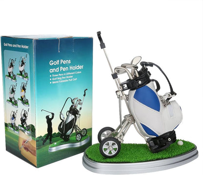 Golf Pen Holder with Movable Cart - Premium Blue Golf Gift for Men | Club-Style Pens in Red, Blue, and Black, Featuring Rolling Rubber Wheels, PU Leather Bag, Zippered Pocket, and Green Base - Ideal Gift for Golf Enthusiasts
