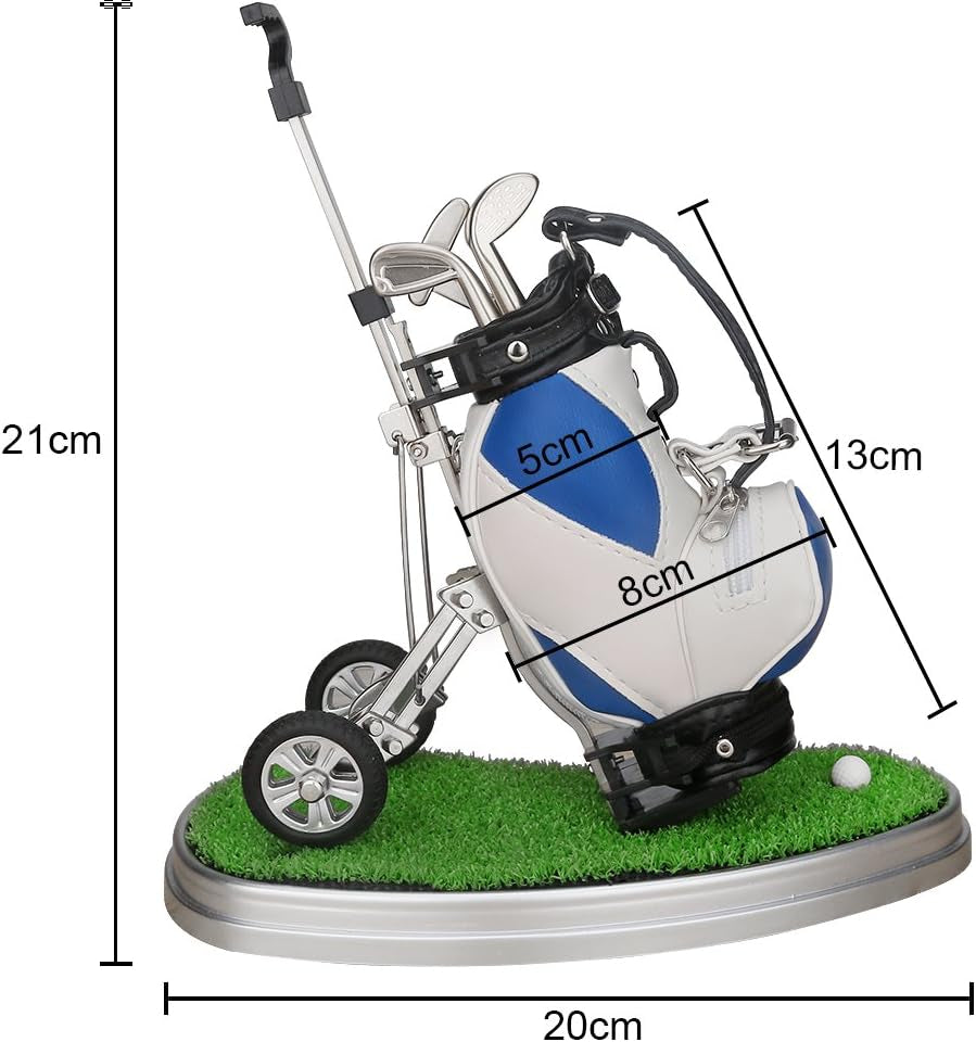 Golf Pen Holder with Movable Cart - Premium Blue Golf Gift for Men | Club-Style Pens in Red, Blue, and Black, Featuring Rolling Rubber Wheels, PU Leather Bag, Zippered Pocket, and Green Base - Ideal Gift for Golf Enthusiasts