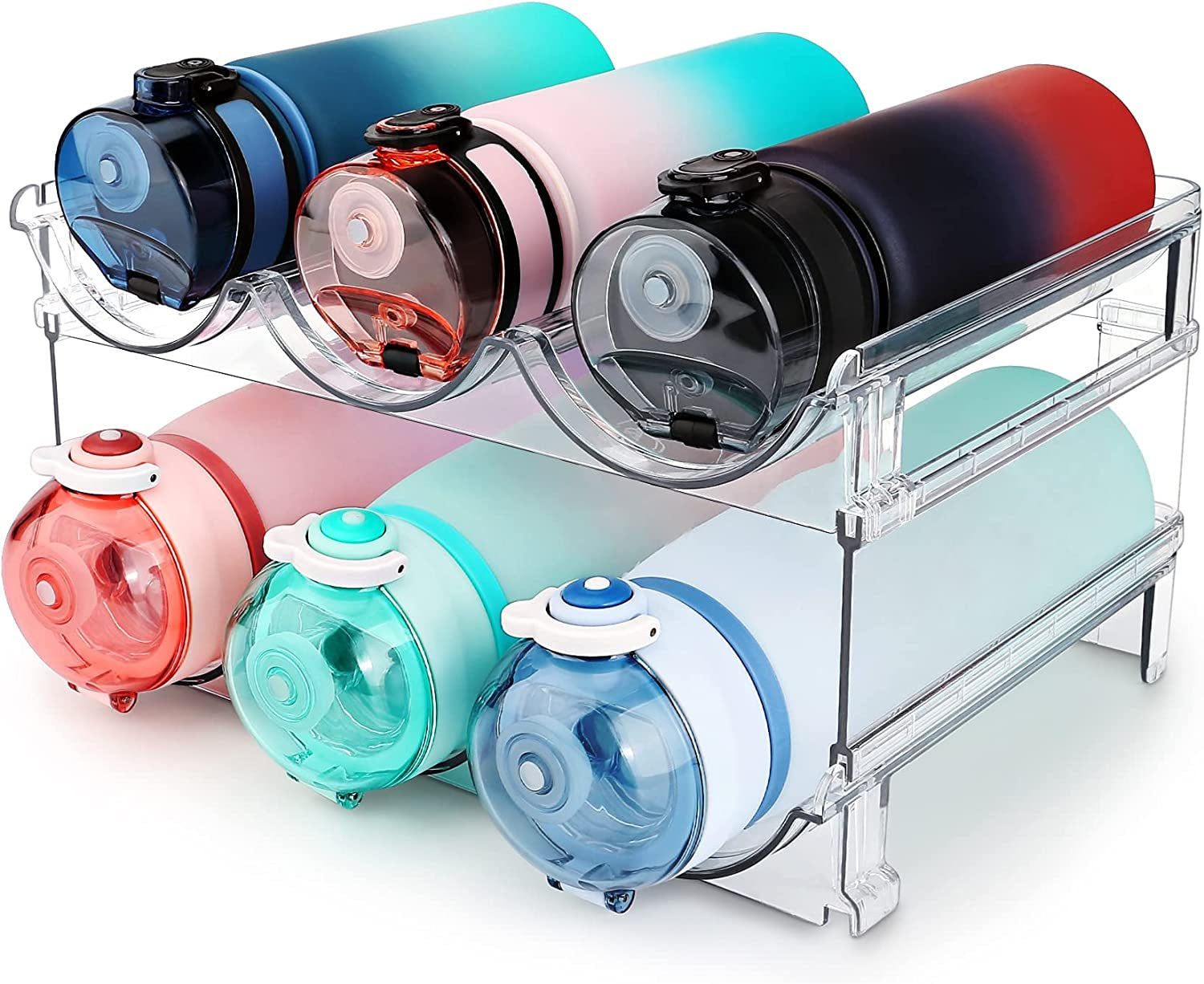 Water Bottle Storage Organizer - 2-Pack Stackable Rack for Cabinets, Fridge, Kitchen, and Pantry