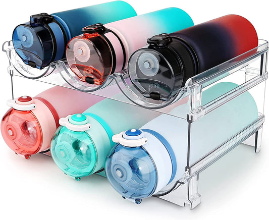 Water Bottle Storage Organizer - 2-Pack Stackable Rack for Cabinets, Fridge, Kitchen, and Pantry