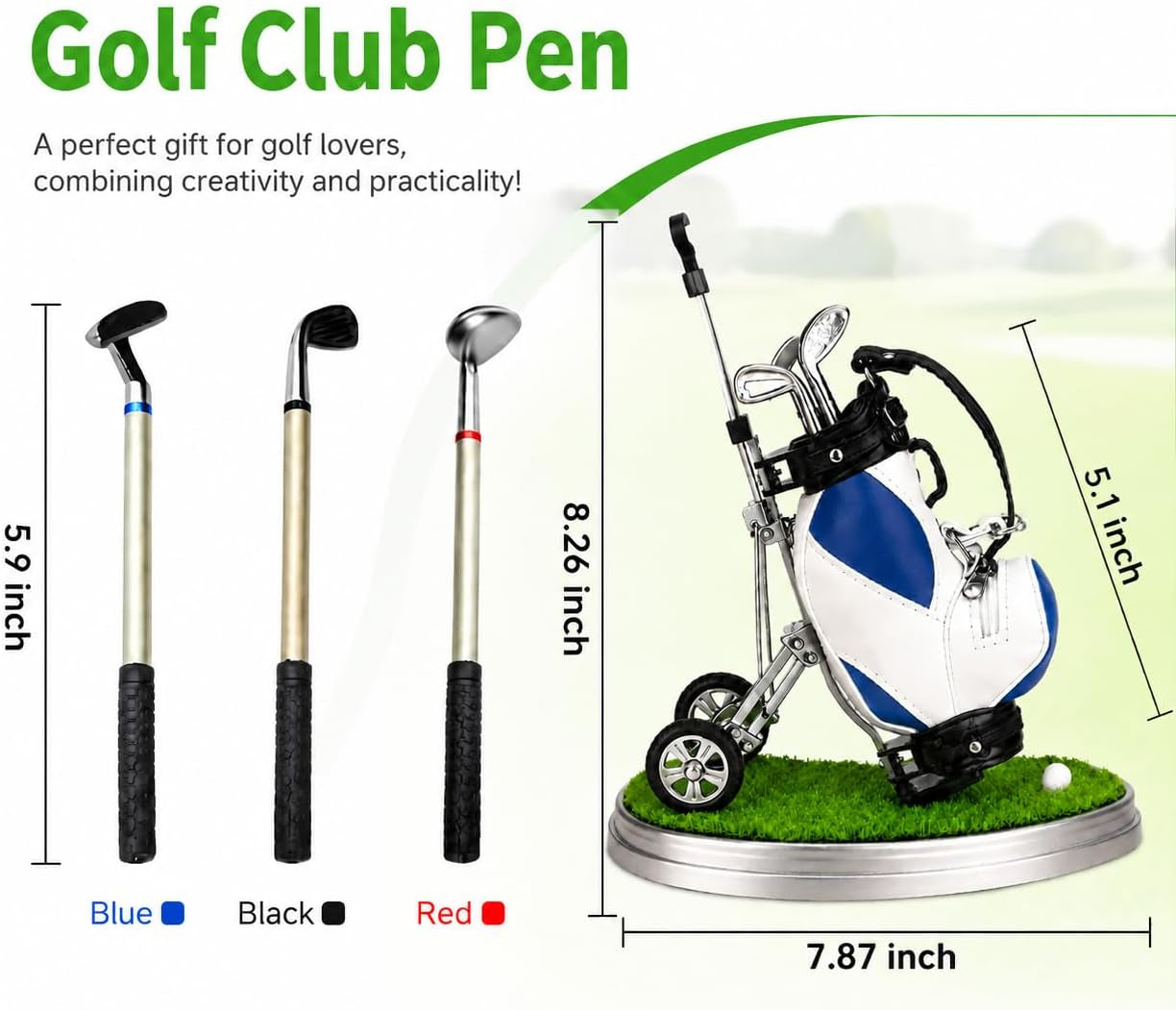 Golf Pen Holder with Movable Cart - Premium Blue Golf Gift for Men | Club-Style Pens in Red, Blue, and Black, Featuring Rolling Rubber Wheels, PU Leather Bag, Zippered Pocket, and Green Base - Ideal Gift for Golf Enthusiasts