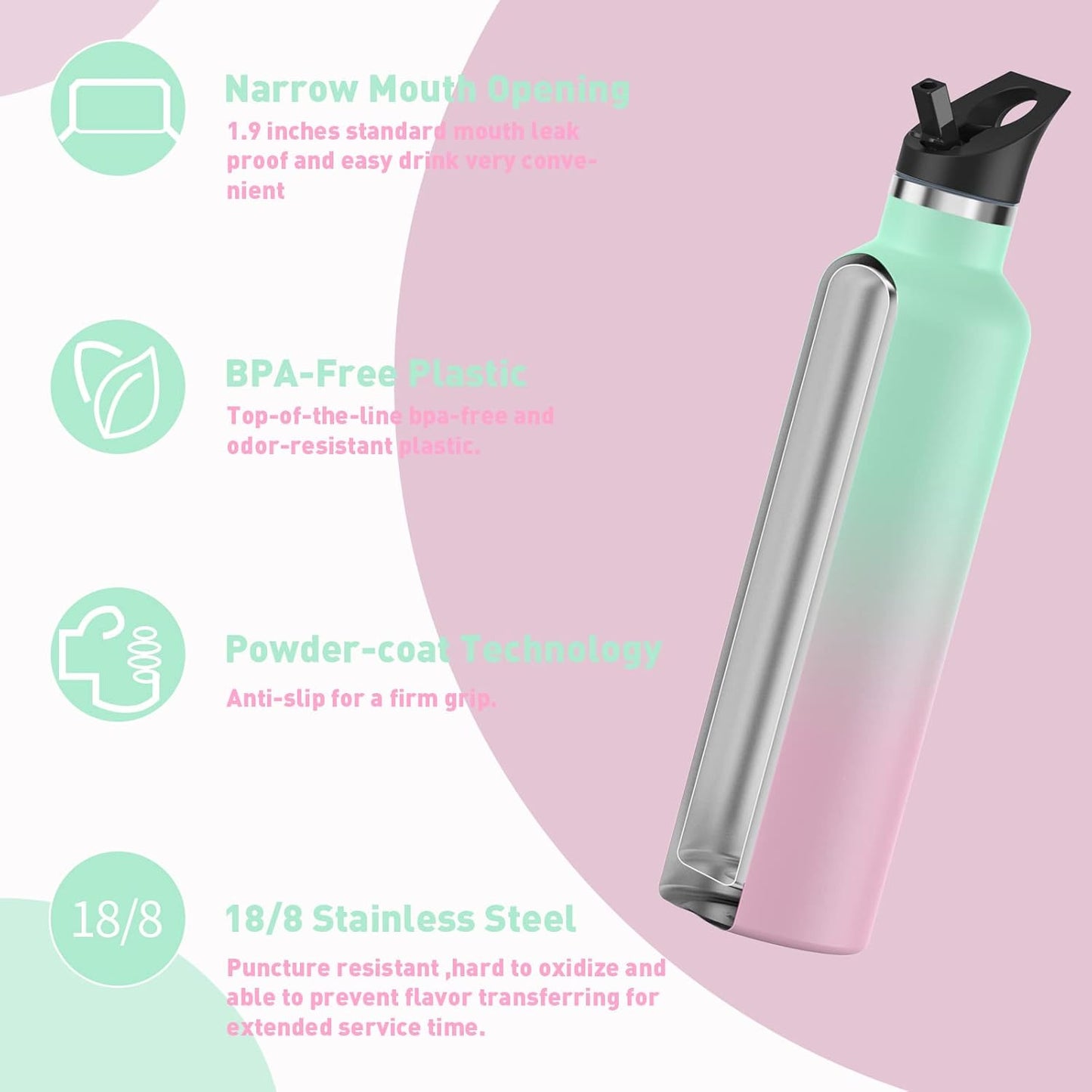 Stainless Steel Double Wall Water Bottles, Vacuum Insulated Bottle with Straw Lid, Insulated Water Bottle Keeps Water Cold for 24 Hours, Hot for 12 Hours, Hiking, Sports