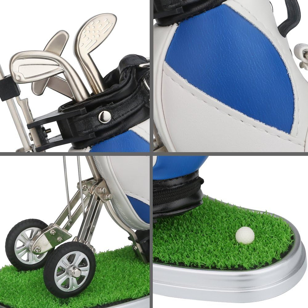 Golf Pen Holder with Movable Cart - Premium Blue Golf Gift for Men | Club-Style Pens in Red, Blue, and Black, Featuring Rolling Rubber Wheels, PU Leather Bag, Zippered Pocket, and Green Base - Ideal Gift for Golf Enthusiasts