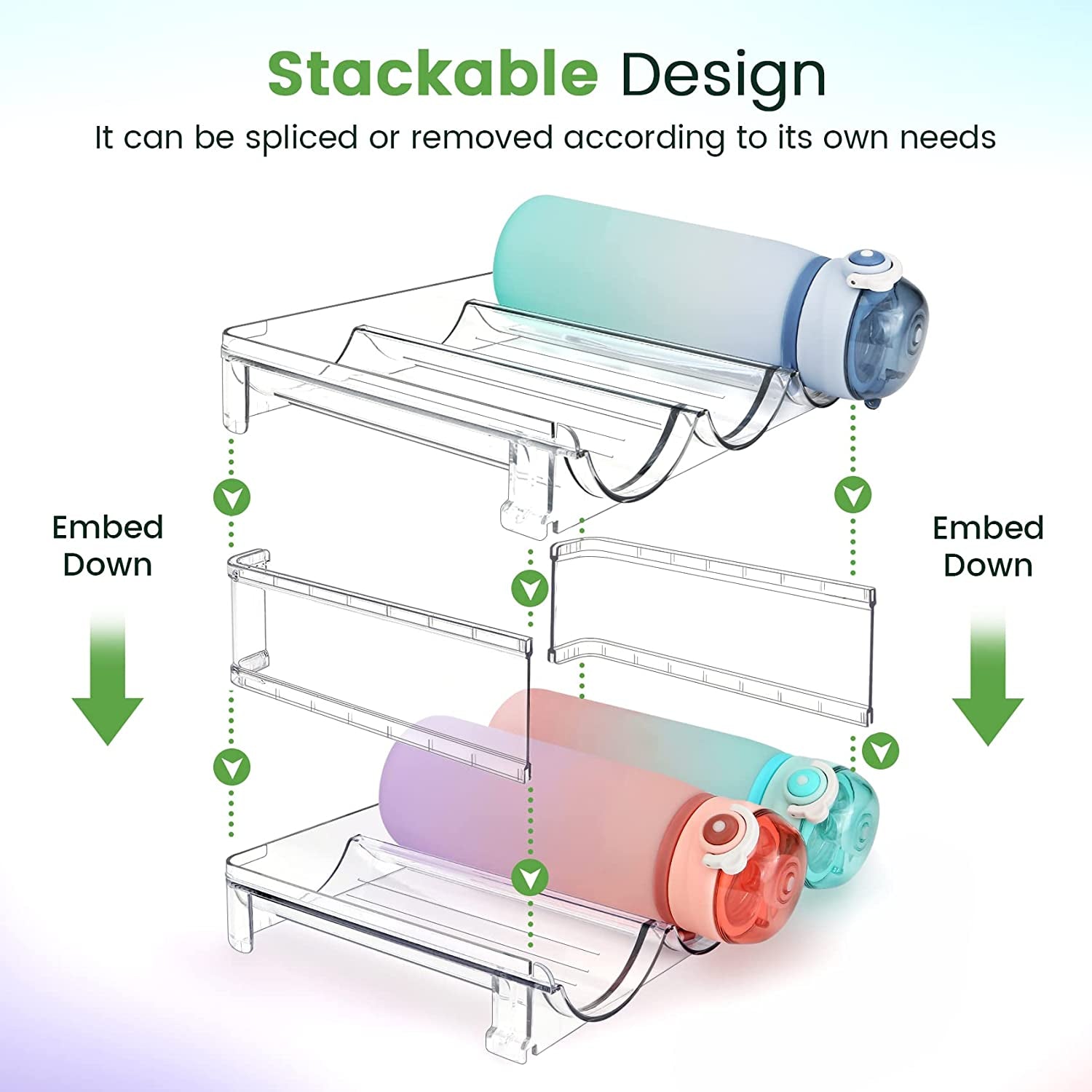 Water Bottle Storage Organizer - 2-Pack Stackable Rack for Cabinets, Fridge, Kitchen, and Pantry