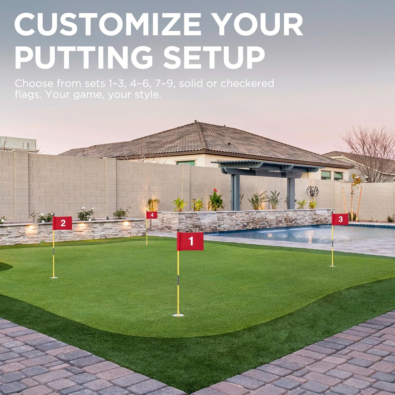 3 Ft Golf Flagstick and Hole Cup Sets with Mini Flags | Two-Section Fiberglass Poles, Ball Retrieval Bases, 4 in Hole Cups, 6 X 8 in Golf Flags, Backyard Practice Putting Green