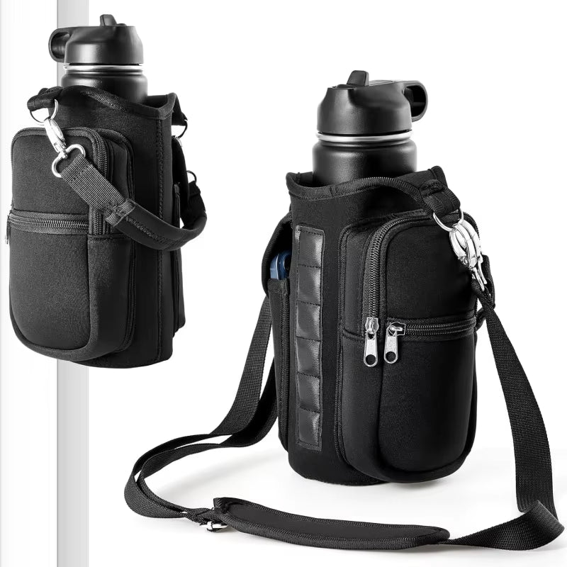Magnetic Water Bottle Holder with Phone Pocket and Shoulder Strap - Features 6 Built-In Magnets