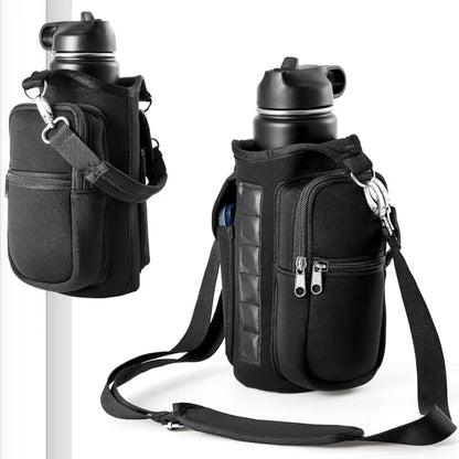 Magnetic Water Bottle Holder with Phone Pocket and Shoulder Strap - Features 6 Built-In Magnets