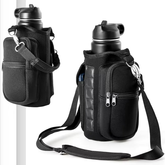 Magnetic Water Bottle Holder with Phone Pocket and Shoulder Strap - Features 6 Built-In Magnets