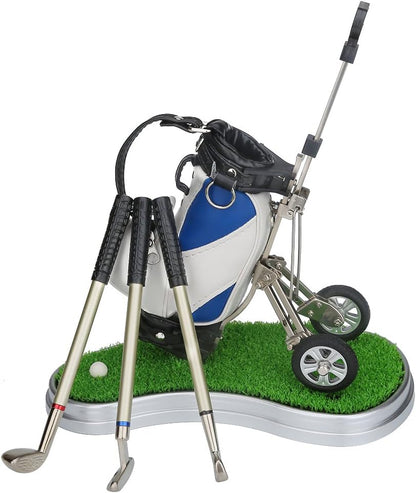 Golf Pen Holder with Movable Cart - Premium Blue Golf Gift for Men | Club-Style Pens in Red, Blue, and Black, Featuring Rolling Rubber Wheels, PU Leather Bag, Zippered Pocket, and Green Base - Ideal Gift for Golf Enthusiasts