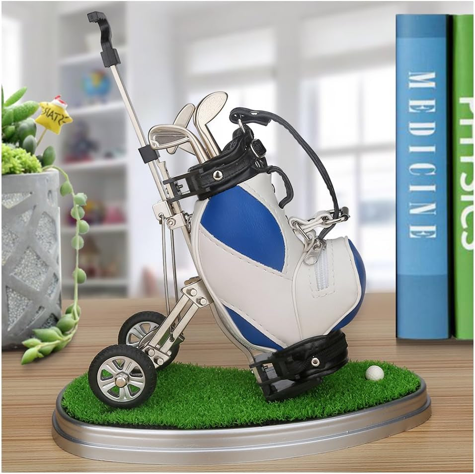 Golf Pen Holder with Movable Cart - Premium Blue Golf Gift for Men | Club-Style Pens in Red, Blue, and Black, Featuring Rolling Rubber Wheels, PU Leather Bag, Zippered Pocket, and Green Base - Ideal Gift for Golf Enthusiasts