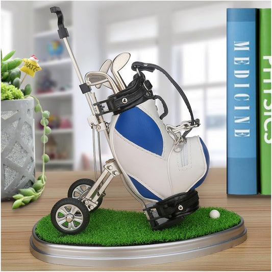 Golf Pen Holder with Movable Cart - Premium Blue Golf Gift for Men | Club-Style Pens in Red, Blue, and Black, Featuring Rolling Rubber Wheels, PU Leather Bag, Zippered Pocket, and Green Base - Ideal Gift for Golf Enthusiasts