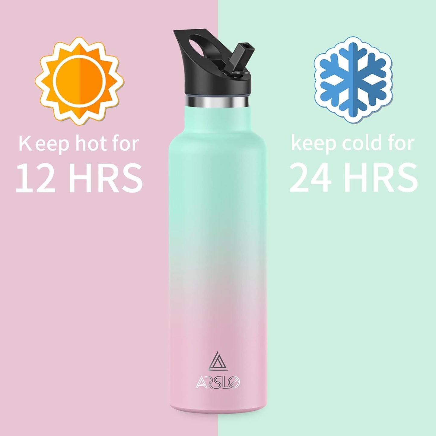 Stainless Steel Double Wall Water Bottles, Vacuum Insulated Bottle with Straw Lid, Insulated Water Bottle Keeps Water Cold for 24 Hours, Hot for 12 Hours, Hiking, Sports