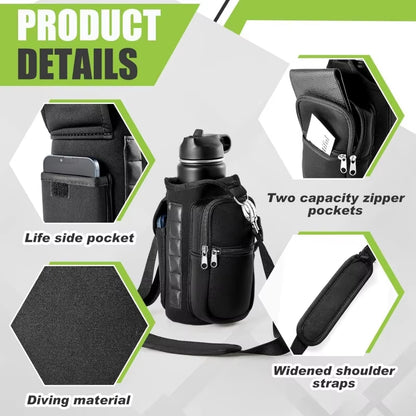 Magnetic Water Bottle Holder with Phone Pocket and Shoulder Strap - Features 6 Built-In Magnets