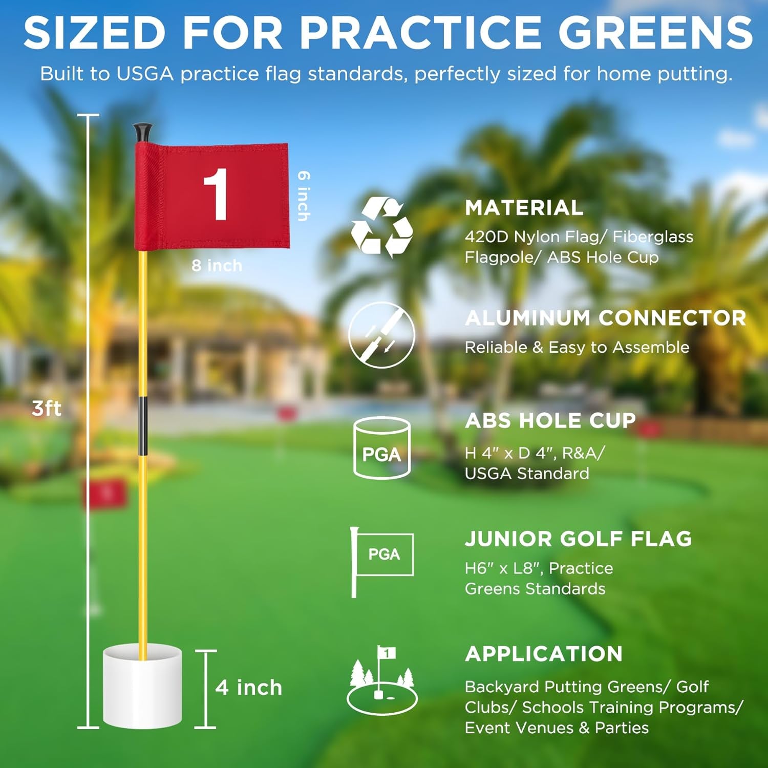 3 Ft Golf Flagstick and Hole Cup Sets with Mini Flags | Two-Section Fiberglass Poles, Ball Retrieval Bases, 4 in Hole Cups, 6 X 8 in Golf Flags, Backyard Practice Putting Green